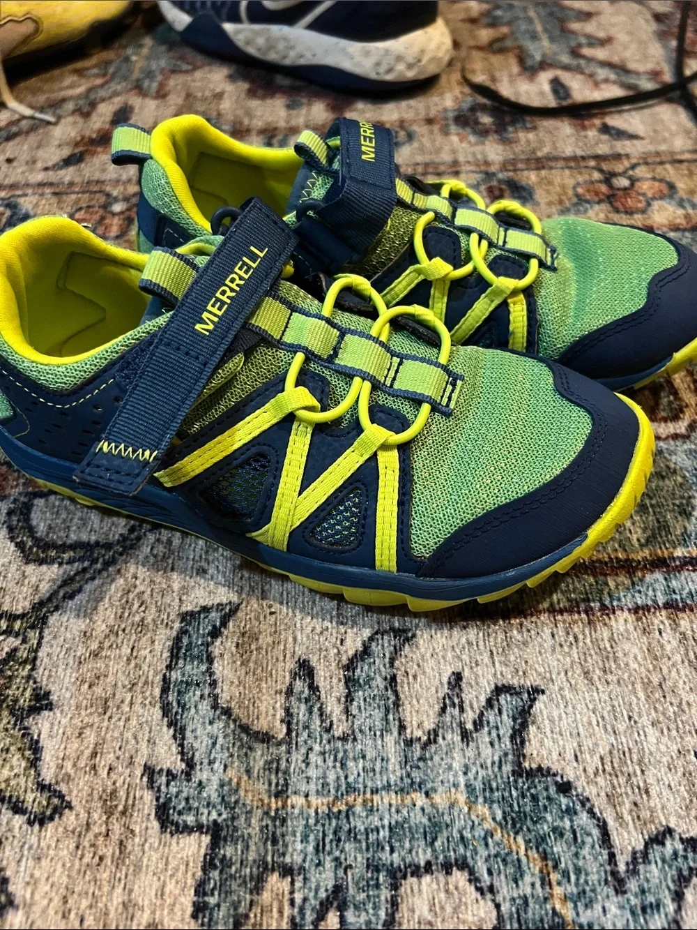 Merrell Kids Navy and Lime Green Water Shoes with Hook-and-Loop Strap